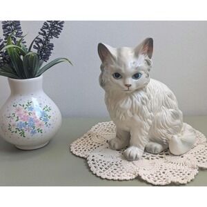 Vintage White Long Hair Cat Figurine with Blue Eyes, Ceramic Persian Cat Statue